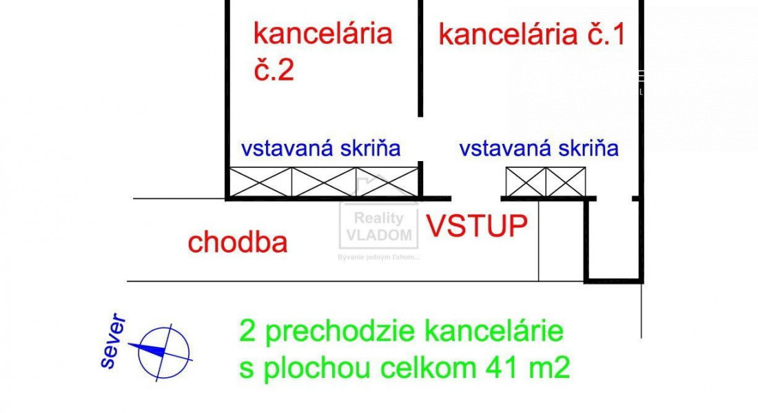 2 zariadené kancelárie, plocha 41 m2, v centre mesta.