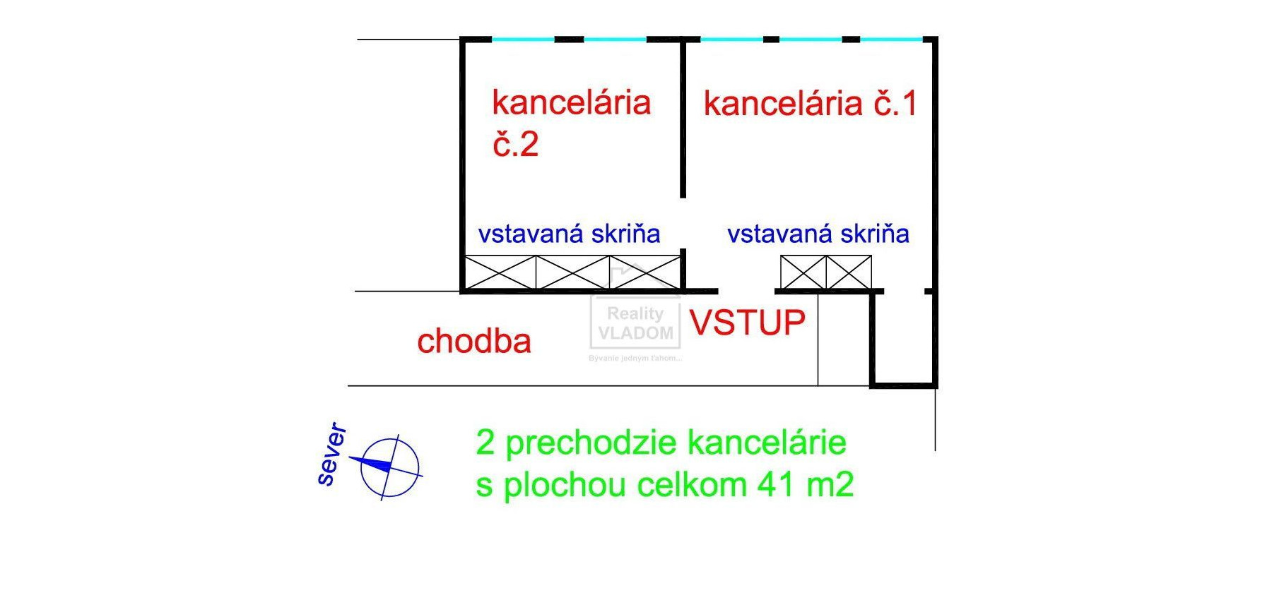 2 zariadené kancelárie, plocha 41 m2, v centre mesta.