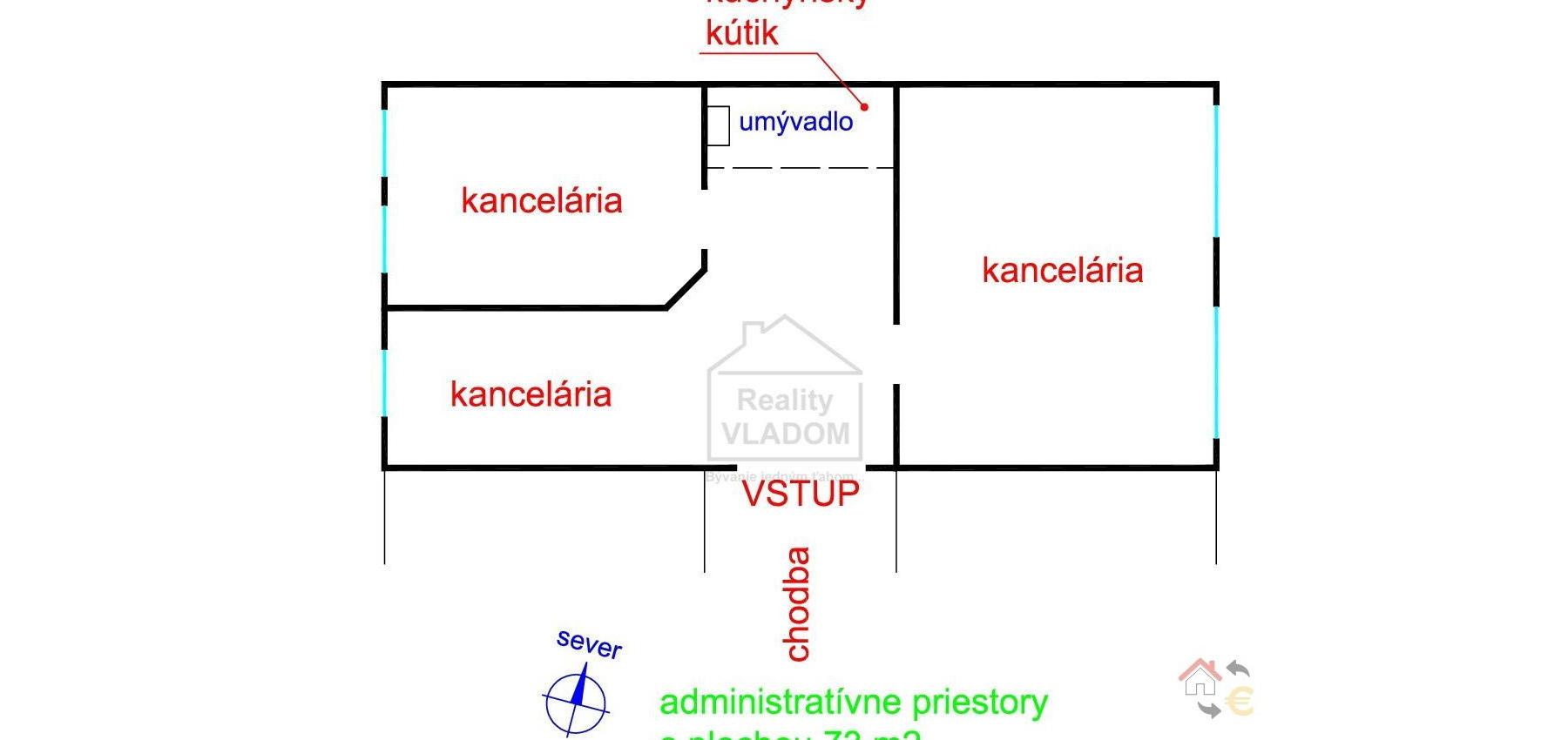 Administratívne priestory s klimatizáciou, plocha 73 m2.
