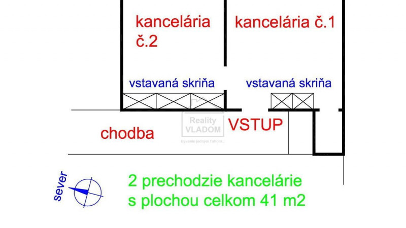 2 zariadené kancelárie, plocha 41 m2, v centre mesta.